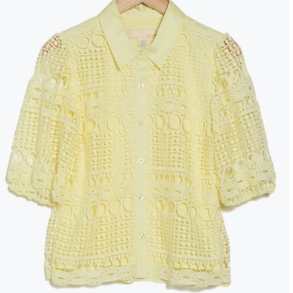By Design Yellow Brianna Lace Puff Sleeve Button-Up Top, Size M - Picture 3 of 13